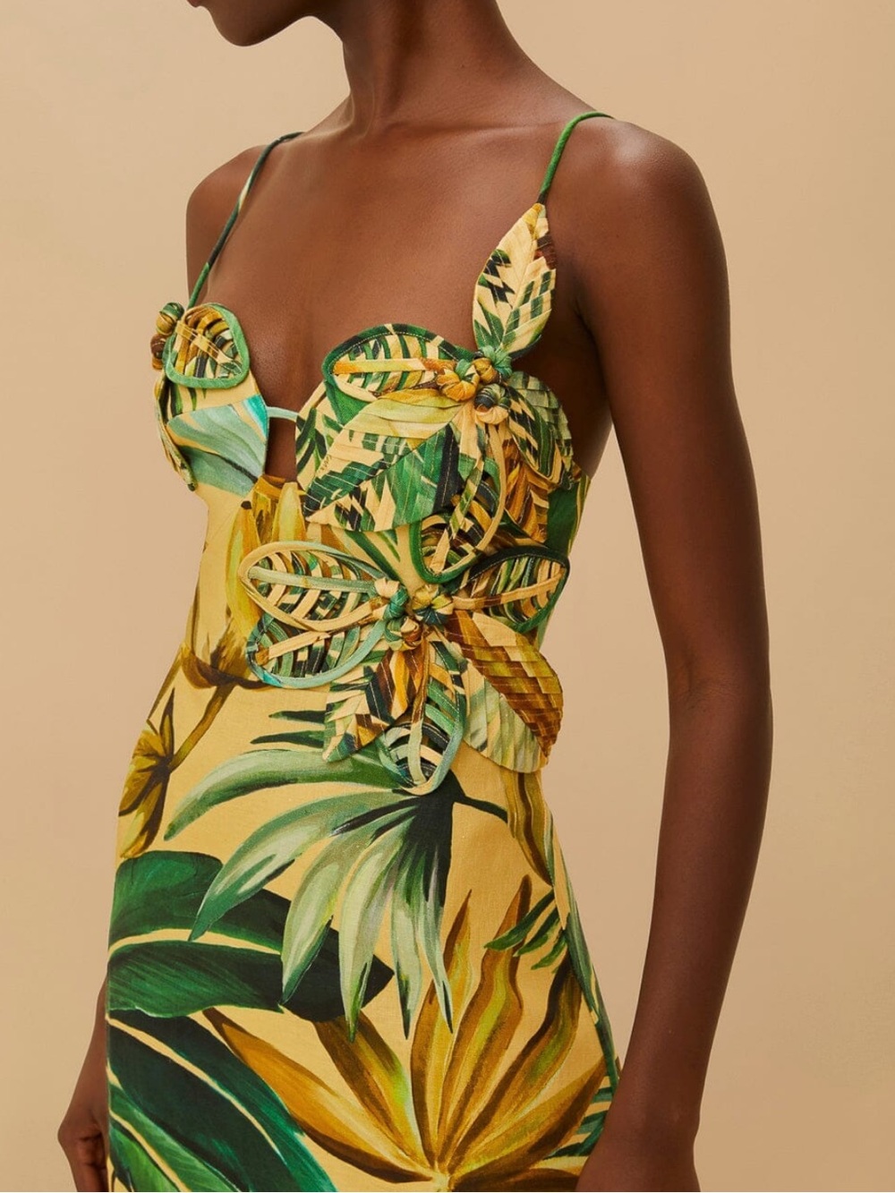 FARM Rio Yellow Bananart 3D Bodice Linen Midi Dress - Size S - Picture 2 of 14